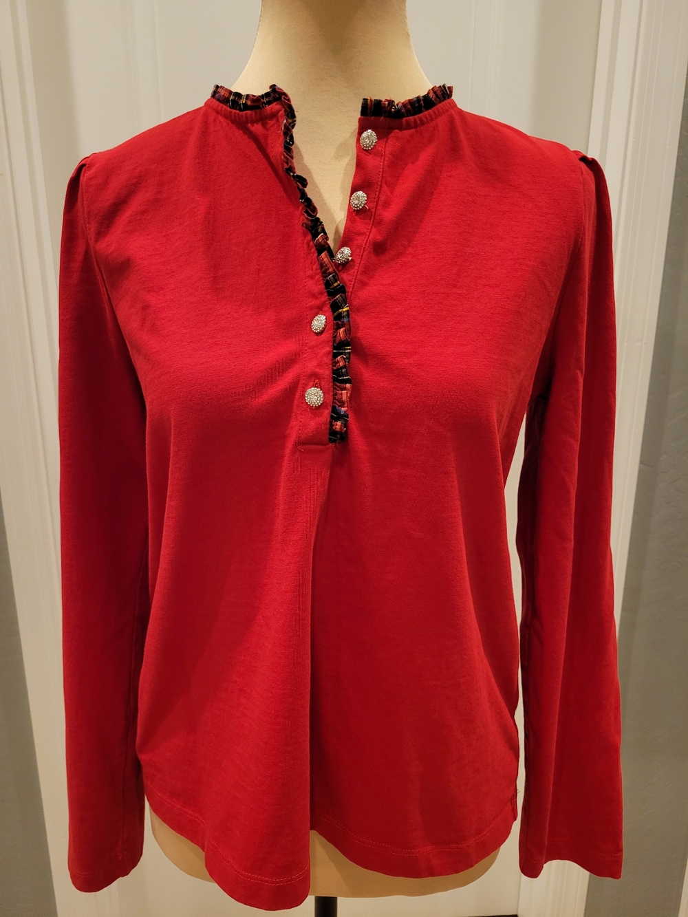 J. Crew Red Henley Top with Jeweled Buttons-Perfect for Christmas/Holidays